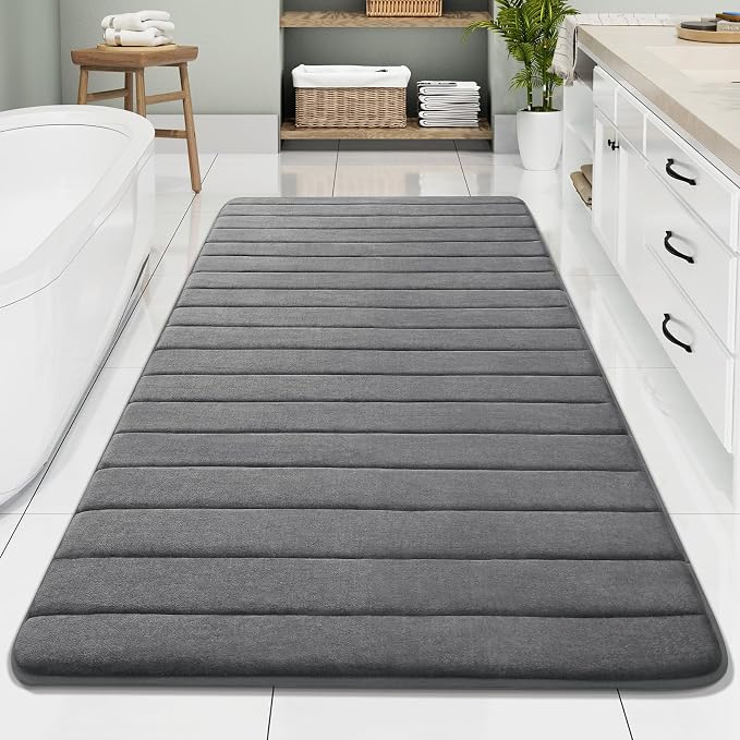 Buganda Memory Foam Bath Mat 70 x 34, Ultra Soft Absorbent Bathroom Rugs | Grey, Machine Washable Quick Dry Bath Mats for Bathroom Floor, Shower and Tub, Home Decor Accessories