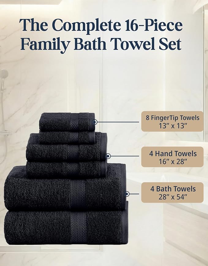 LANE LINEN Bath Towel Set Quick Dry 100% Cotton 16 Piece Soft - Black | Cotton Bath Towels - Classic Terry Weave, Densely Woven & Durable, Easy-Care, Coordinated Colors