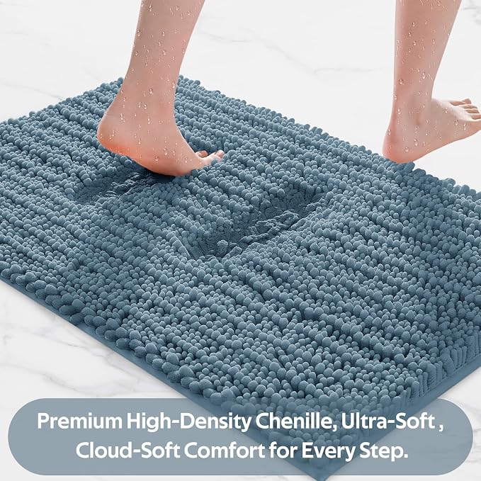 ACCUMTEK Upgrade Extra Large Haze Blue Bathroom Rug Set 3 Pieces Ultra Soft, Thick Absorbent Bath Mats, Non Slip Chenille Toilet Mat for Bathroom, Bedroom, Kitchen, Stone Blue