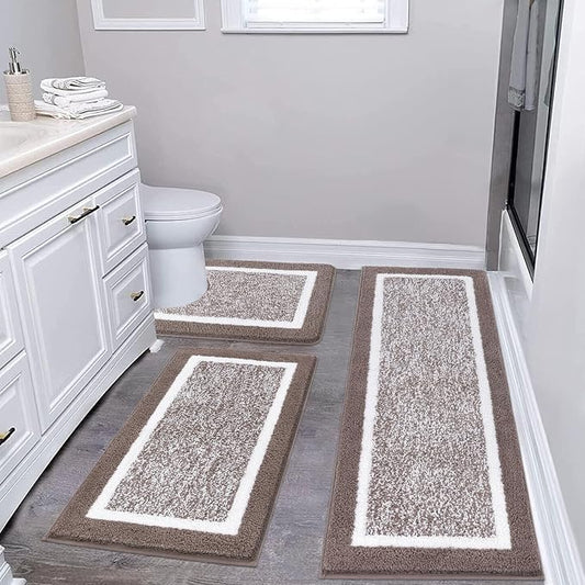Pauwer Bathroom Rug Sets 3 Piece, Non Slip Washable Bath Mat, Coffee | Soft Plush Microfiber, Super Absorbent Floor Carpet, U Shaped Toilet Mats, Quick Dry, Shaggy Shower Rugs Runners