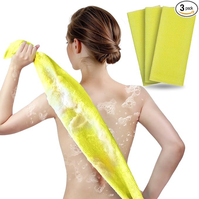 ARCH&M Japanese Exfoliating Washcloth, Yellow, 3-Pack | Korean & Japanese Style Scrub Cloth, Nylon Bath Washcloth, For Body & Back, Smoother Skin
