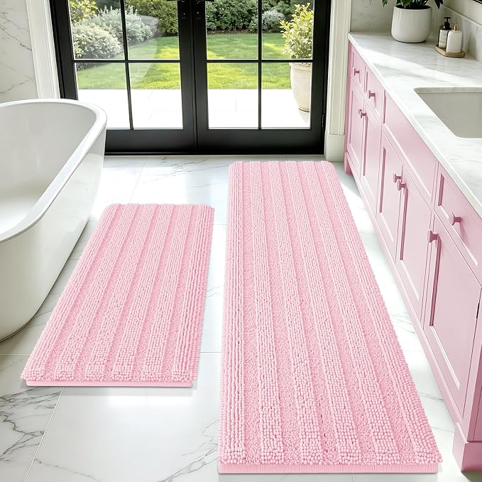 ACCUMTEK Christmas Striped Pink Bathroom Rug Mat Set 2 piece 32"x20"+60"x20" Ultra Soft, Non Slip Chenille Bath Rugs, Absorbent Plush Shaggy Bath Mats for Bathroom, Bedroom, Kitchen, Shower, Tub