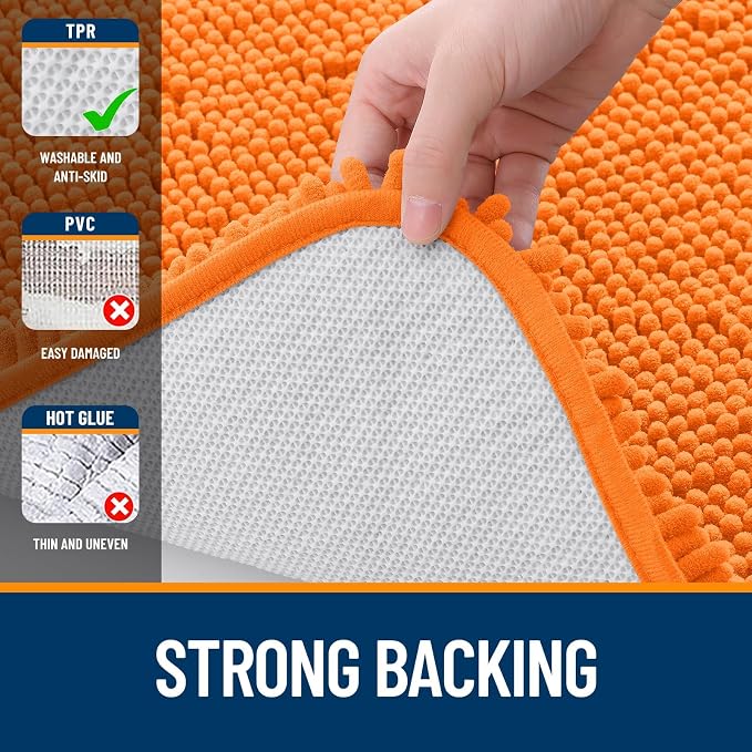OLANLY Chenille Bathroom Rugs Mats Sets 2 Piece, 47"x20"+24"x20", Orange | Soft Absorbent Bath Mat and U-Shaped Contour Toilet Rug Set, Quick Dry, Machine Washable Bath Carpet, Home Decor Accessories