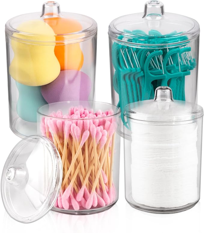 Qtip Holder Set, 4 Pack Clear Plastic Apothecary Jars with Lids — Cotton Swabs Holder, Cotton Balls Storage, Bathroom Canisters & Vanity Organizer for Q-Tips, Floss Picks
