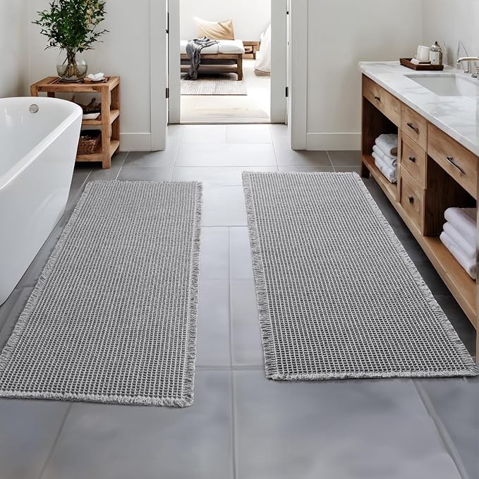 MIULEE Set of 2 Waffle Bathroom Runner Rugs Light Grey 2'x5'(24"x60") | Non Slip, Super Absorbent, Washable, Ultra Soft, Boho Bath Mats for Bathroom Hallway Bedroom Laundry Room Kitchen
