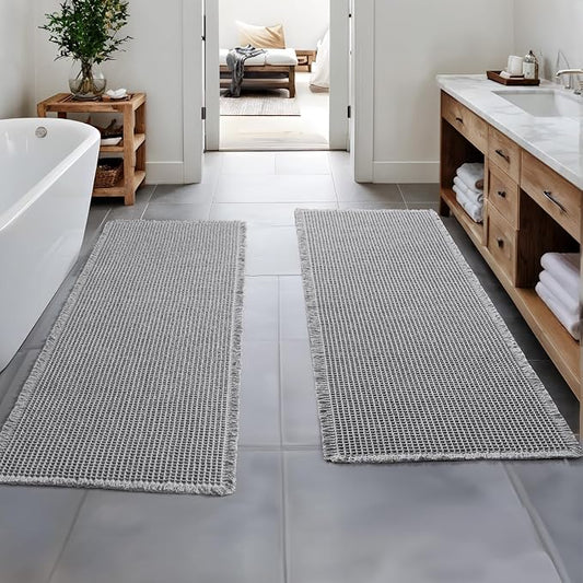 MIULEE Set of 2 Waffle Bathroom Runner Rugs Light Grey 2'x5'(24"x60") | Non Slip, Super Absorbent, Washable, Ultra Soft, Boho Bath Mats for Bathroom Hallway Bedroom Laundry Room Kitchen