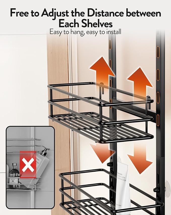 Orimade Over the Door Shower Caddy Adjustable 5 Tier Black,Bathroom Hanging Organizer Shelf Rustproof with 4 Hooks,Shower Basket with Soap Holder and Suction Cup