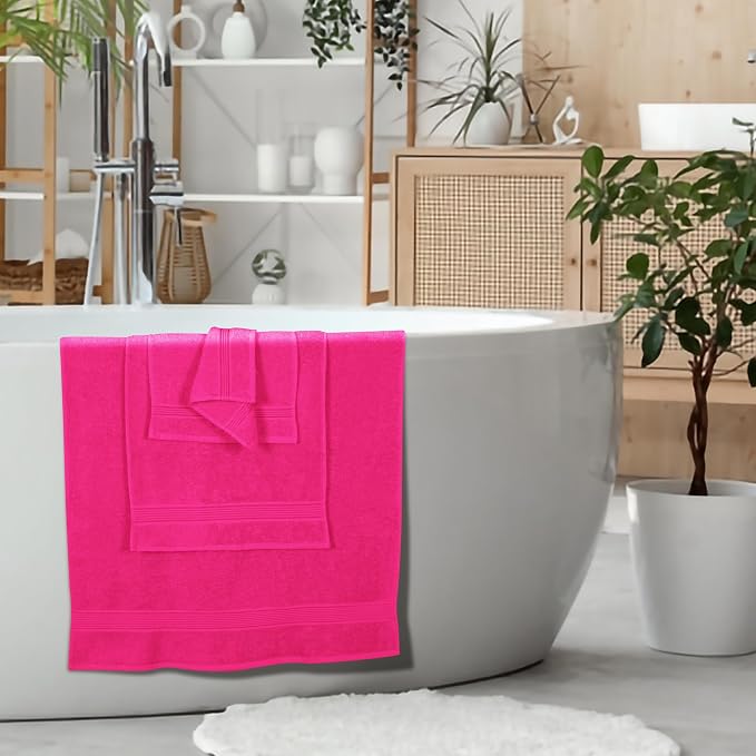 Ultra Soft 6 Pack Cotton Towel Set, Contains 2 Bath Towels 28x55 inch, 2 Hand Towels 16x24 inch & 2 Wash Coths 12x12 inch, Ideal Everyday use, Compact & Lightweight - Hot Pink