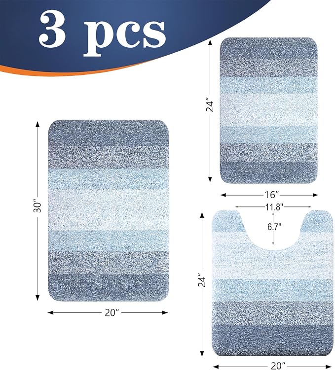 OLANLY Microfiber Bathroom Rugs Sets 3 Piece, 30"x20"+24"x16"+24"x20" | Blue, Soft Absorbent Bath Mats and U-Shaped Contour Toilet Rug, Machine Wash Dry, Plush Shaggy Bath Mat Set for Bathroom