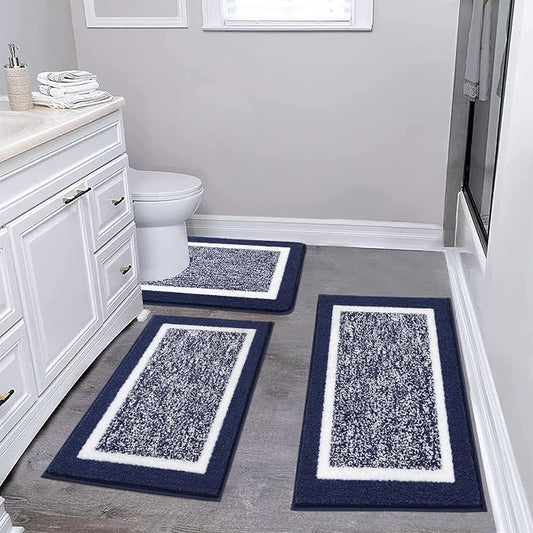 Pauwer 3 Piece Bathroom Rug Set, Non Slip Washable Bath Mat, Navy | Soft Plush Microfiber, Super Absorbent Floor Carpet, U Shaped Toilet Mats, Quick Dry, Shaggy Shower Rugs Runners