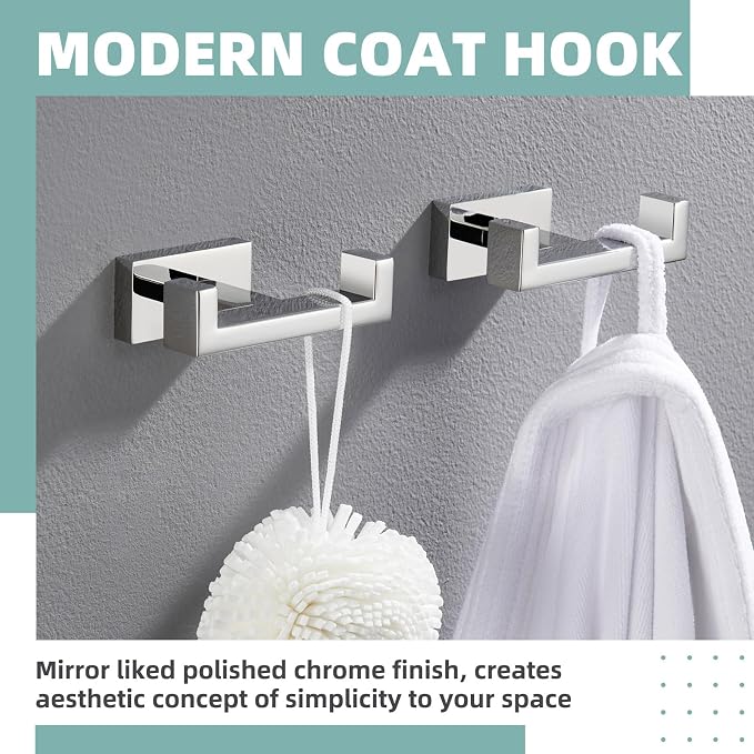 APLusee Double Robe Towel Hook Polished Chrome 2 Pack, 304 Stainless Steel Square Towel Hanger, Minimalist Coat Holder for Modern Bathroom Washroom