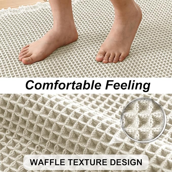 JIUZHEN Set of 2 Waffle Bath Mats Boho Bath Rugs 16"x24"+18"x30", Ivory | Non Slip, Super Absorbent, Washable, Ultra Soft, Fast Drying Waffle Bathroom Rugs for Bathroom Floor, Tub, Shower