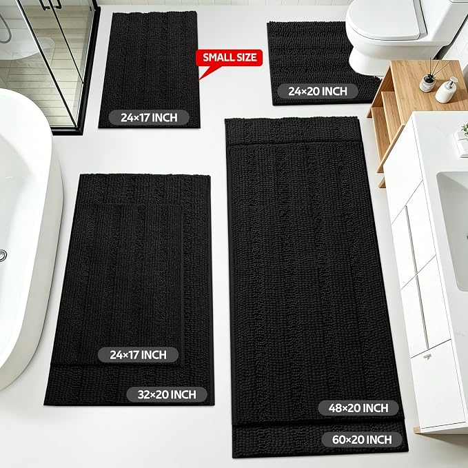 ACCUMTEK Striped Black Bathroom Rug Set 3 Pieces Ultra Soft, Non Slip Chenille Toilet Mat, Absorbent Plush Shaggy Bath Mats for Bathroom, Bedroom, Kitchen