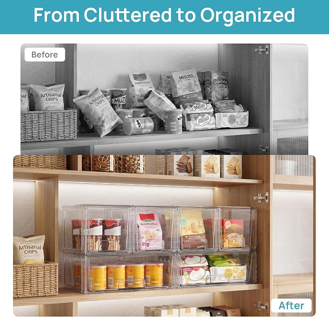 Vtopmart 4 Pack Stackable Storage Drawers, Easily Assemble Clear Plastic Organizer Bins, 2 Wide Drawers and 2 Medium Drawers for Pantry, Kitchen Cabinet, Bathroom, Closet Organization and Storage