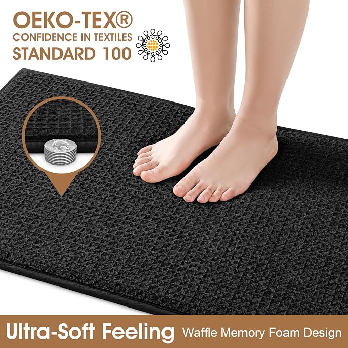 ACCUMTEK Memory Foam Bath Mat, Ultra Soft Absorbent Waffle Bathroom Rugs, Super Non-Slip PVC Backing Bath Rug Quick Dry, Machine Washable Rug for Tub, Shower, Home Decor Accessory, 32" x 20", Black