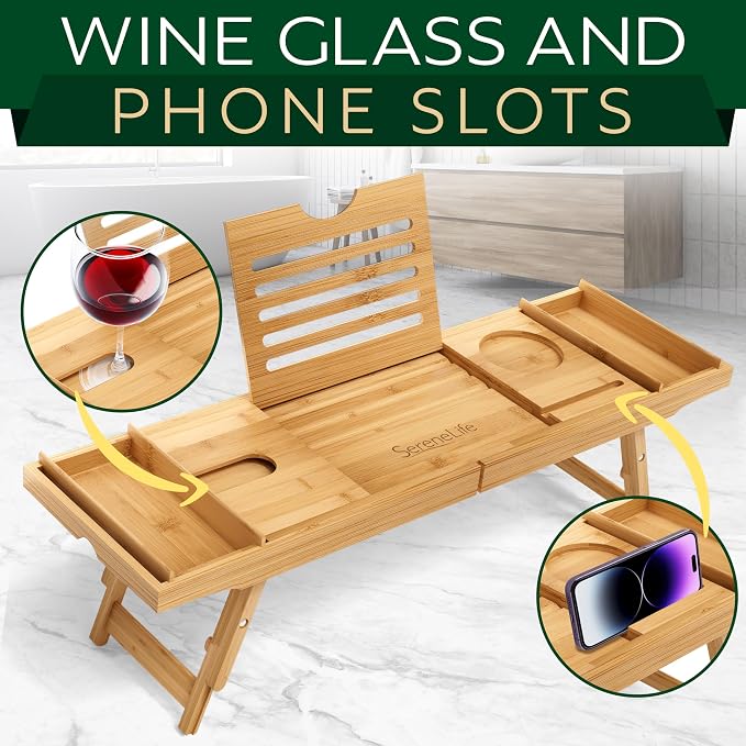 SereneLife Bath Caddy Breakfast Tray Combo, Natural Bamboo Wood Waterproof Bathtub Caddy and Bed Tray with Folding Slide-Out Arms, Spa Trays and Soap Box, Smartphone Holder