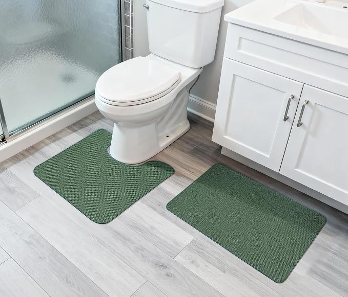 Bosap Bath Mat Set 2 Pieces,Ultra Thin Bathroom Rugs,Rubber Toilet Rugs | Non Slip,Quick Dry,Machine Washable,Low Pile,Absorbent,Shower,Sink,Bathroom Decor.(Green,17"x27" Plus 20"x24"U Shaped)
