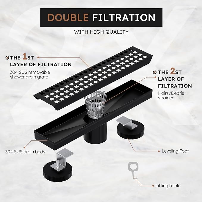 Linear Shower Drain 12 Inch, Modern Rectangle Shower Floor Drain with Removable Quadrato Pattern Grate, Stainless Steel SUS 304, Linear Drain with Leveling Feet& Hair Strainer