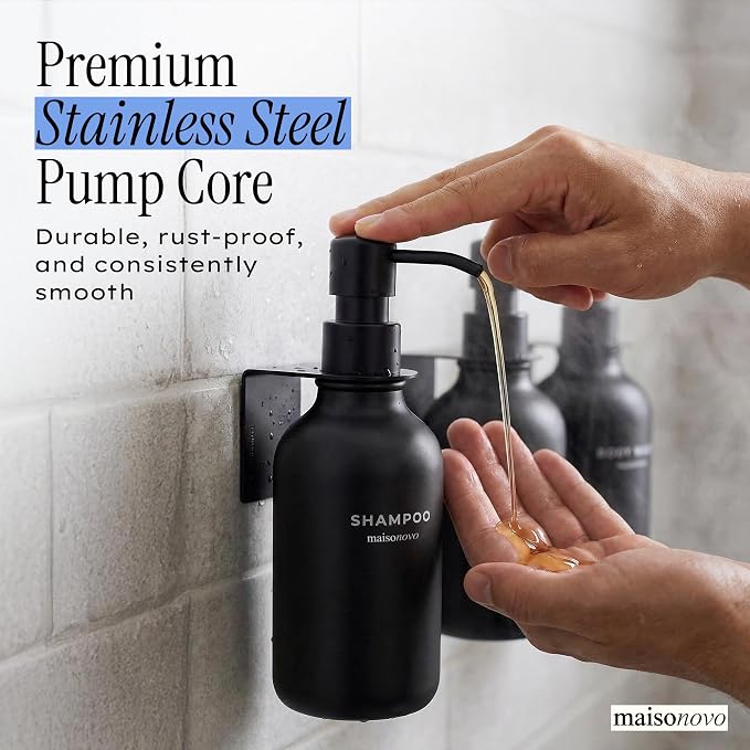 MaisoNovo Shampoo and Conditioner Dispenser|Refillable Black Set of 3 | 500 ml Shower Gel Dispenser Set of 3. Refillable Shampoo and Conditioner Bottles. Drill Free Secure Design. Black