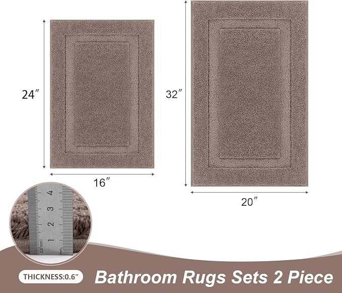 SHACOS Soft Microfiber Bathroom Rugs Set of 2 Pieces, Coffee | 32x20 + 24x16, Absorbent Plush Bath Rugs, Non Slip Washable Shaggy Bath Mats, Fluffy Bathroom Runner Floor Mats Shower Rug