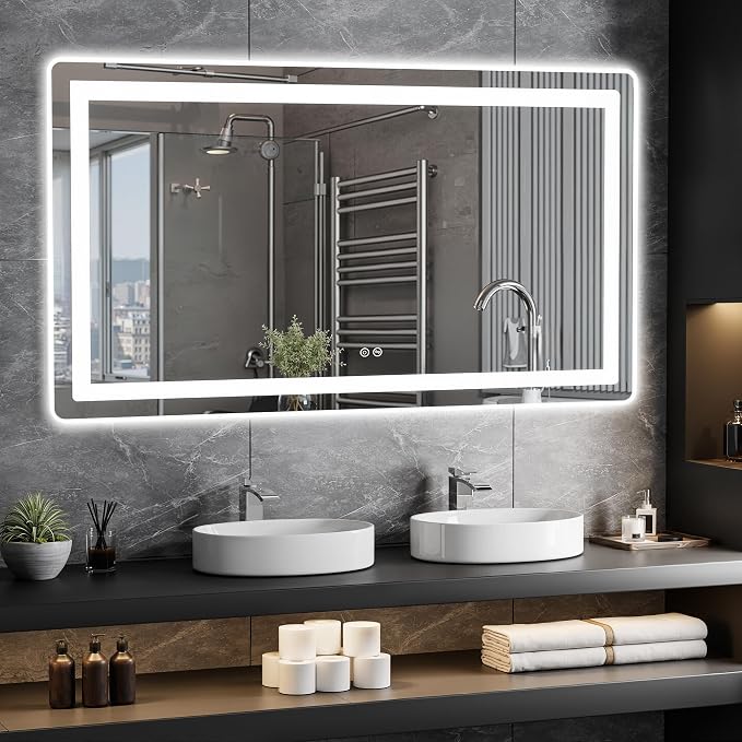 TRAHOME LED Bathroom Vanity Mirror with Lights, 30"x55" Lighted Wall Mirror | Front and Backlit, Anti Fog, Dimmable 3 Color Lighting, Memory Function, Shatterproof Glass, Plug in or Hardwired