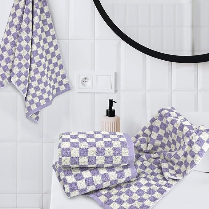 Hand Towel for Bathroom Guest Room - Cotton Face Towel Set Lilac Checkered | Extra Soft, Absorbent 4-Piece for Daily Use