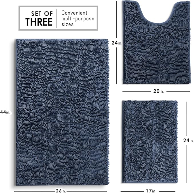 Hearth & Harbor Bathroom Rugs, Chenille Bath Mat - Machine Washable Bath Mats for Bathroom Non-Slip Backing Rubber, Quick Dry Mat - Navy Blue Bath Rug, 17x24-26x44-20x24