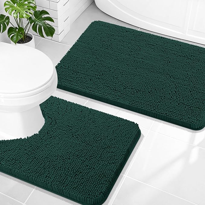OLANLY Chenille Bathroom Rugs Sets 2 Piece, 30"x20"+24"x20", Blackish Green | Soft Absorbent Bath Mat and U-Shaped Contour Toilet Rug Set, Quick Dry, Machine Washable Bath Carpet, Home Decor Accessories