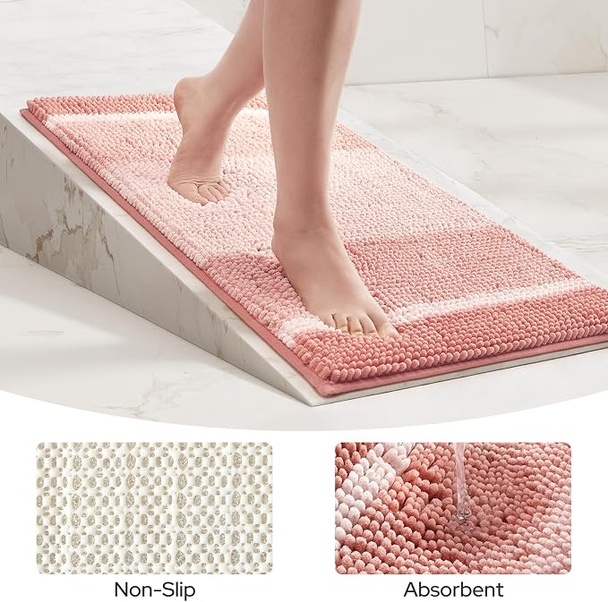 HOMEIDEAS Pink Bathroom Rugs Set of 2, Striped Chenille, 20"x32"+17"x24" | Non Slip Absorbent Bath Mats, Fluffy Striped Chenille Soft Shaggy Bath Rugs for Bathroom Floor and Tub, Machine Washable