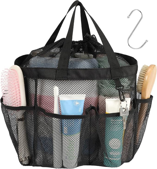 F-color Mesh Shower Caddy Portable with Drawstring, S Hook - 8 Deeper Pockets 2 Handles College Dorm Room Essentials for Girls Guys, Shower Bag Hanging for Camping Gym Travel Toiletry Bathroom, Black