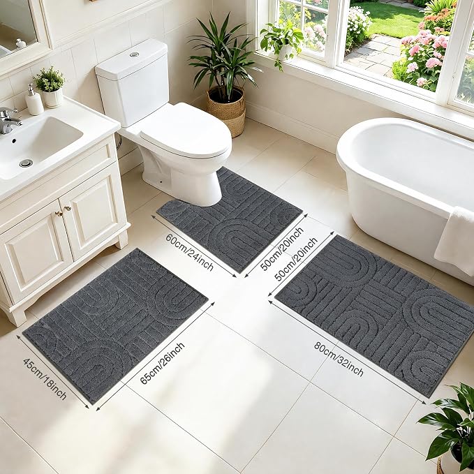 Homcomoda Bathroom Rugs Sets 3 Piece, Soft Absorbent Microfiber Bath Mats and U-Shaped Contour Toilet Rug, Non Slip Bath Rugs Machine Washable Shaggy Bath Room Floor Mats, Dark Grey