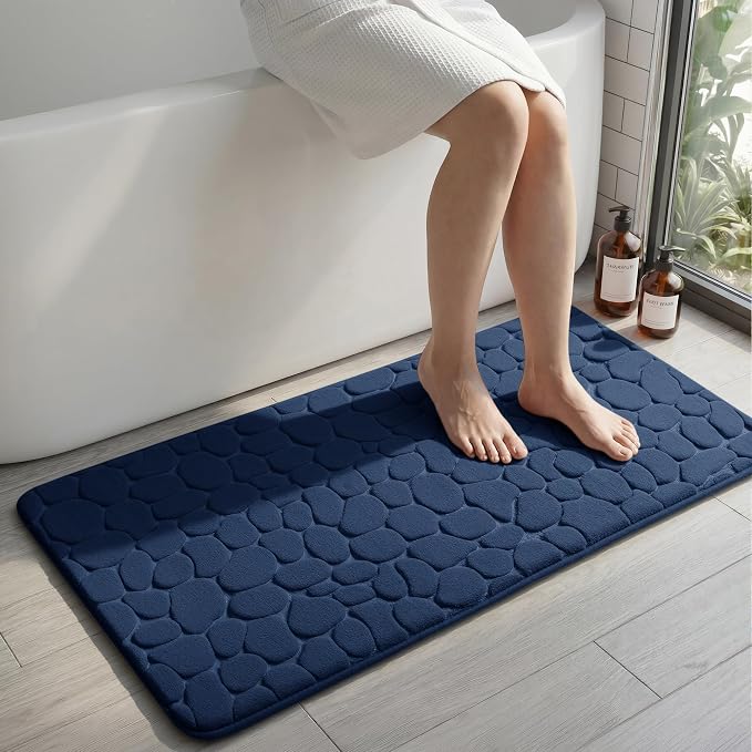 YIHOUSE Memory Foam Runner Rug, Cobblestone Bathroom Runner Rugs Super Water Absorbent Bath Mats for Bathroom Machine Washable Bath Rugs for Hallway Bedroom Laundry Room(24 x 47,Dark Blue)
