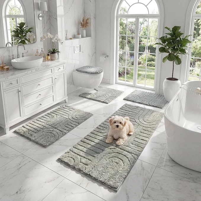 Homcomoda Bathroom Rugs Sets 5 Piece, Soft Absorbent Microfiber Bath Mats and U-Shaped Contour Toilet Rug, Non Slip Bath Rugs Machine Washable Shaggy Bath Room Floor Mats, Grey