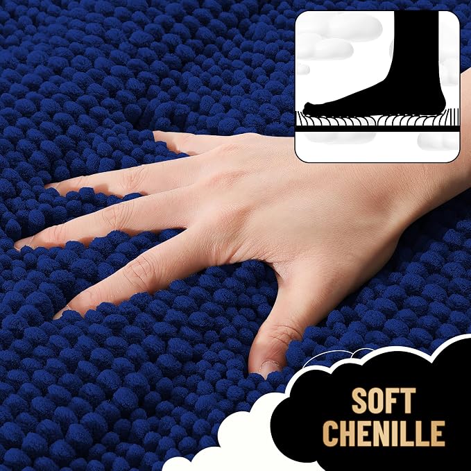 OLANLY Thick Chenille Bathroom Rugs Sets 3 Piece, 36"x24"+24"x16"+24"x20" | Navy, Absorbent Striped Bath Mats and U-Shaped Contour Toilet Rug, Home Decor Accessories, Bath Mat Set for Bathroom
