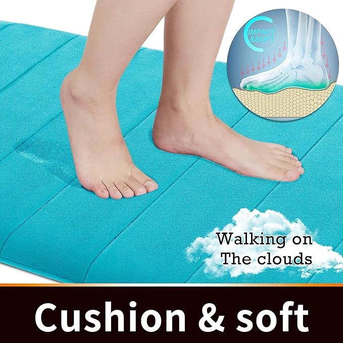 Yimobra Memory Foam Bath Mat, Super Soft Absorbent Bathroom Rug Non Slip, Quick Dry, Machine Washable Floor Carpet for Tub Shower, Home Decor Accessories, 24x17, Lake Blue