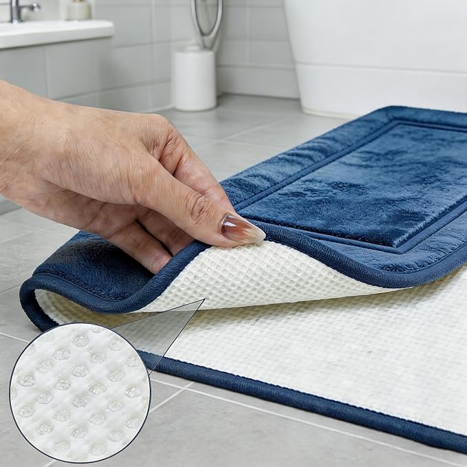 Bathroom Rugs Set 3 Piece Memory Foam, Bordered Toilet Rug, Dusty Blue | Coastal & Farmhouse Decor — Soft Dusty Blue bath mats, absorbent and washable, with a U-shaped toilet mat.