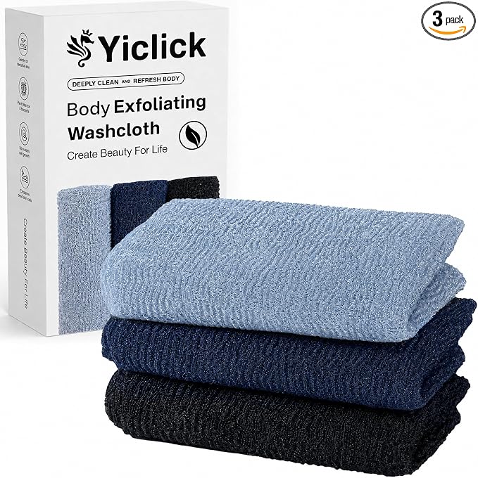 Exfoliating Washcloth Towel- Exfoliating Body Scrubber Exfoliator, Back Scrubber for Shower Bath, Exfoliate Rags Wash Cloths, Loofah Lufa Sponge, Silver Grey + Black + Deep Indigo