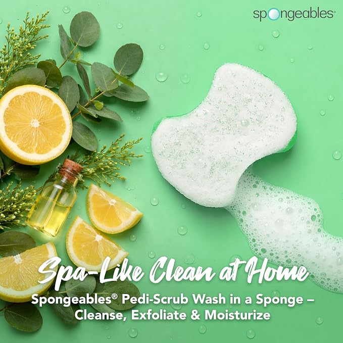 Spongeables Pedi Scrub Foot Exfoliating 5+ Wash Travel Sponge, Citron Eucalyptus, 1 Count