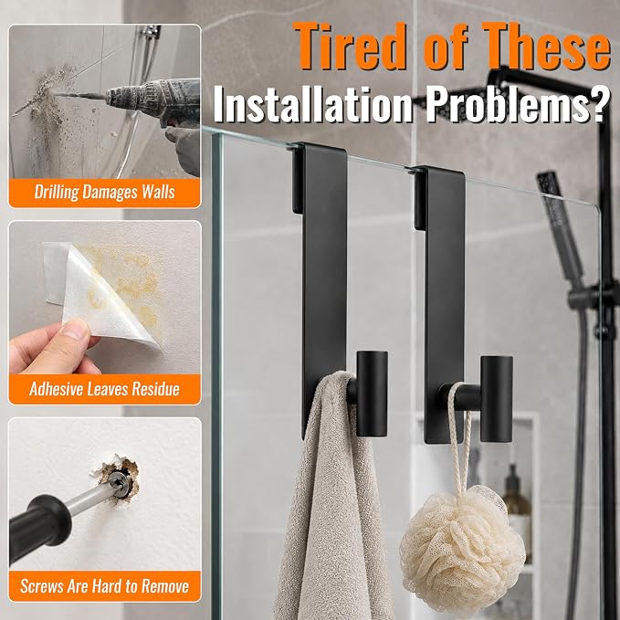 Shower Door Hooks, Over The Glass Shower Towel Hook, Black, 2 Pack | Stainless Steel, Heavy Duty, Easy Installtion, Slim Design, Soft Padding, Towel Hooks For Glass Shower Door