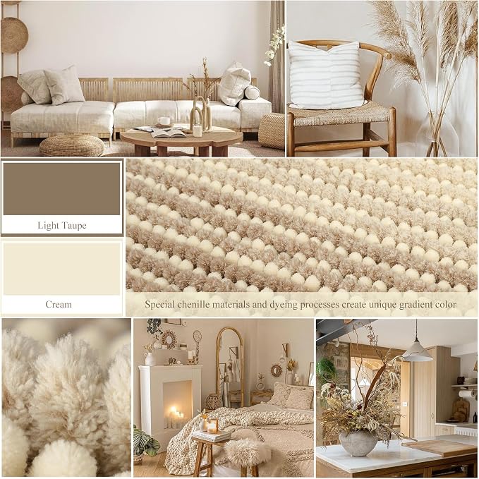 Large Bathroom Rugs Runner, 20x47 Chenille Bath Mats, Tan | Extra Soft Absorbent, Non Slip Striped, Quick Dry Machine Washable, Shower Rug for Bathroom Bedroom Decor