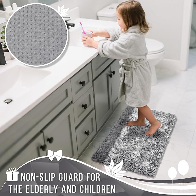 Yimobra Bathroom Rug Set 2 Piece, Luxury Shaggy Bath Mat Set with Non Slip Backing, Ultra Soft & Absorbent Mats for Bathroom Floor, Machine Washable, 31.5"x20"+24"x17", Light Grey