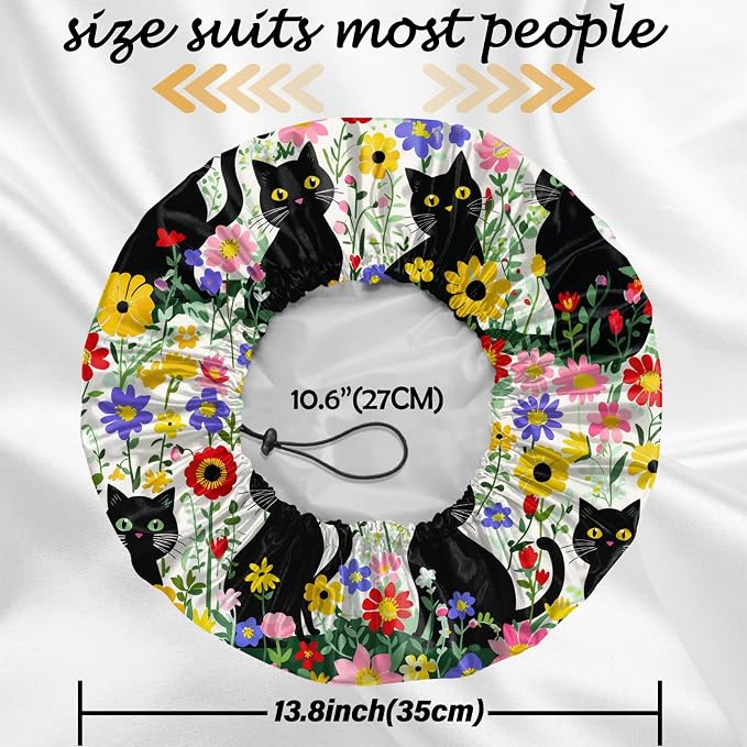 2 PCS Shower Cap Reusable Waterproof Double Layers Hair Caps Shower Bath Adjustable Elastic Hat for Women Girls Cute Aesthetic-Flower Black Cat