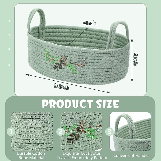 Vesici Eucalyptus Embroidered Cotton Rope Toilet Paper Basket, Boho Bathroom Counter Organizer with Handles, Green Storage Caddy for Toiletries Bedroom Organizing, 13 x 6 x 4 Inch