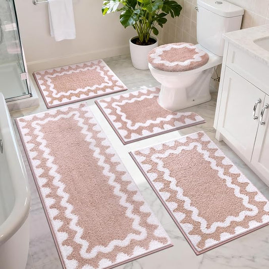 Findosom Bathroom Rugs Sets 5 Piece, Absorbent Soft Non-Slip Bath Rug Set | Washable Microfiber Shaggy Bath Mat Set with Bathroom Runner Rug, U-Shaped Toilet Rugs, Shower Rug & Toilet Lid Cover, Pink
