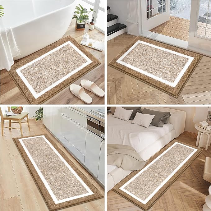 Pauwer Bathroom Rug Sets 3 Piece, Non Slip Washable Bath Mat, Khaki | Soft Plush Microfiber, Super Absorbent Floor Carpet, U Shaped Toilet Mats, Quick Dry, Shaggy Shower Rugs Runners
