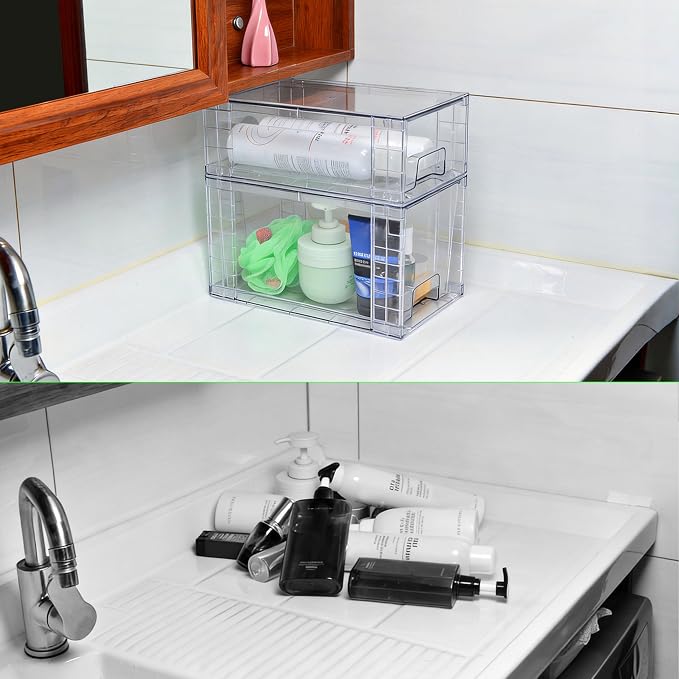 Clear Stackable Acrylic Storage Drawers(4 Pack), Plastic Organizer Bins with Handles, Easy Assembly for Bathroom Kitchen Pantry Cabinet Under Sink Snack Home Storage Solutions