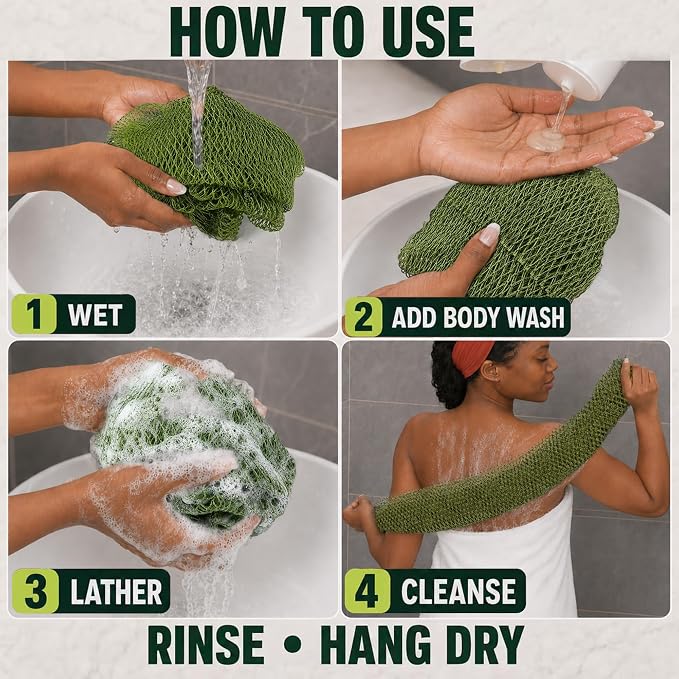 Authentic African Net Sponge, 2 Pack 45-Inch Exfoliating Bath Sponge and Shower Loofah for Body and Back, Quick-Dry Durable Knotted Mesh Scrubber (Olive Green & Light Green)