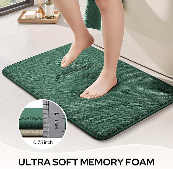 HOMEIDEAS Memory Foam Bathroom Rugs Set, Dark Green 24"x17"+32"x20" | Ultra Absorbent Quick Dry Bath Mats with Non Slip PVC Backing, Machine Washable, Ideal for Bath Floor, Shower and Tub