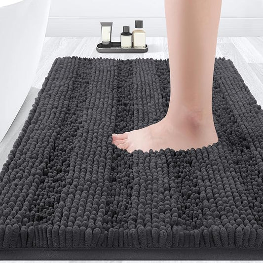 ACCUMTEK Striped Grey Bathroom Rug Mat 36"x24" Ultra Soft, Non Slip Chenille Bath Rugs, Absorbent Plush Shaggy Bath Mats for Bathroom, Bedroom, Kitchen, Shower, Tub,Dark Gray, Charcoal