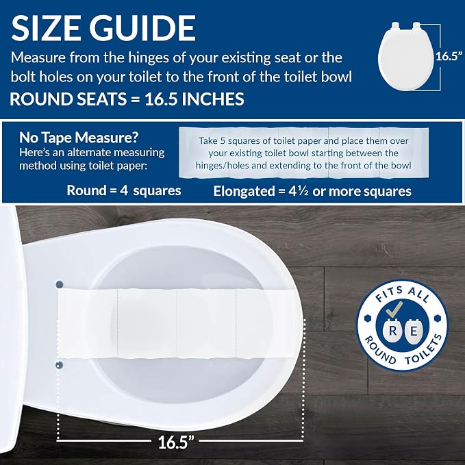 Mayfair Linden Slow Close Toilet Seat, Non Slip Heavy Duty Wood, Easy Install, Made in USA, Round, White, 4 Pack